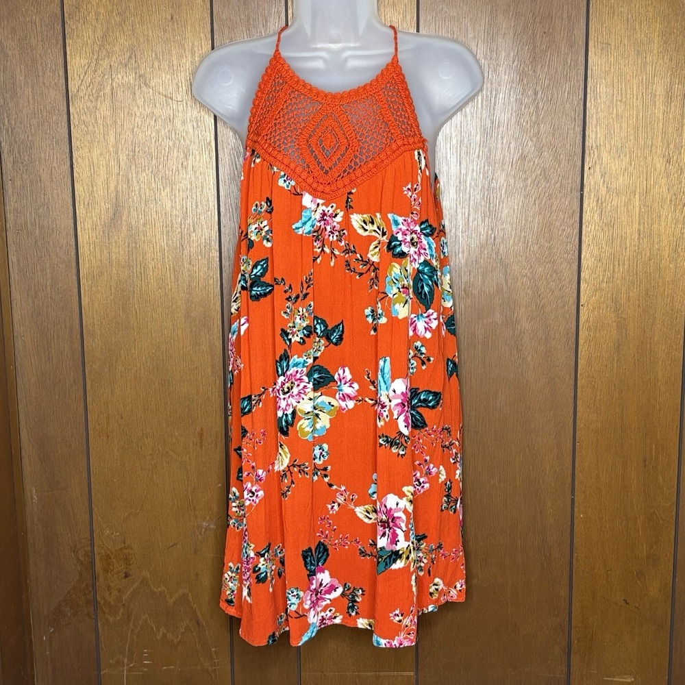 Speechless Halter Dress Small Orange Floral Crochet Boho Festival Cottage Beachy